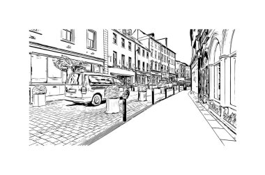 Kilkenny, İrlanda 'nın güneydoğusunda yer alan bir şehirdir. Vektörde elle çizilmiş çizim çizimi.