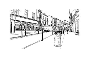 Kilkenny, İrlanda 'nın güneydoğusunda yer alan bir şehirdir. Vektörde elle çizilmiş çizim çizimi.