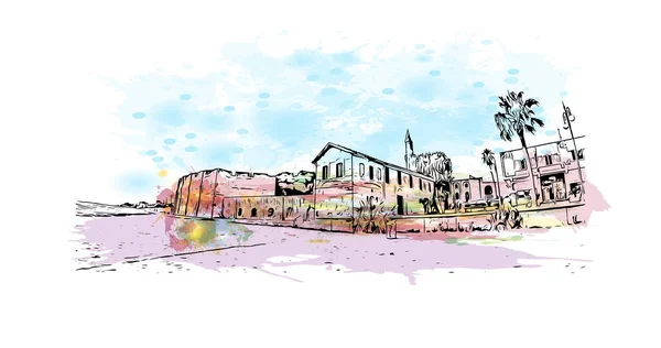 Print Building View Landmark Larnaca Staden Cypern Akvarell Stänk Med — Stock vektor