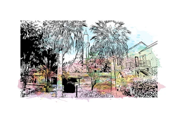 Kıbrıs Rum Kesimi 'nde, Larnaka' nın simgesi olan Print Building manzaralı bir şehir. Vektörde elle çizilmiş resim ile suluboya sıçraması.