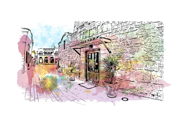 印刷ラルナカのランドマークとビルの景色はキプロスの街です 手描きのスケッチイラストと水彩スプラッシュベクトル — ストックベクタ