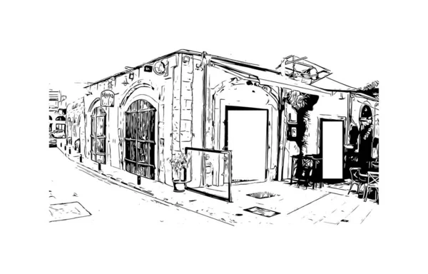 Print Building Vista Com Marco Larnaca Cidade Chipre Desenho Desenhado — Vetor de Stock