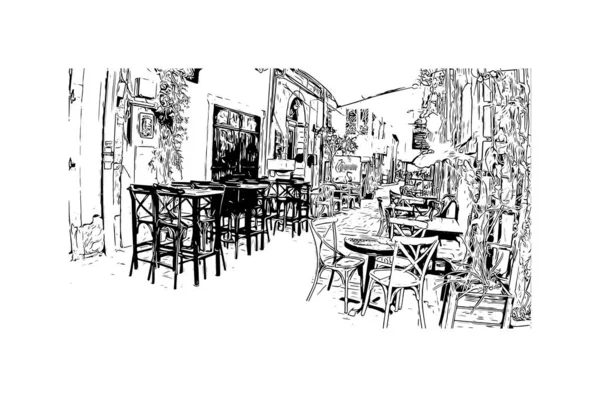 Kıbrıs Rum Kesimi 'nde, Larnaka' nın simgesi olan Print Building manzaralı bir şehir. Vektörde elle çizilmiş çizim çizimi.