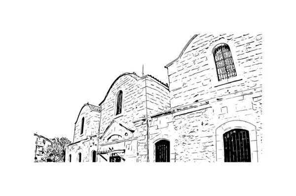 Print Building Vista Com Marco Larnaca Cidade Chipre Desenho Desenhado —  Vetores de Stock