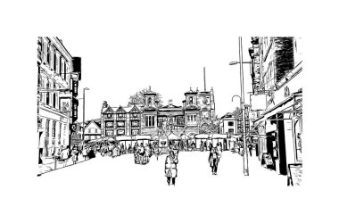 Kingston 'ın simgesi olan Print Building View Kanada' da yer almaktadır. Vektörde elle çizilmiş çizim çizimi.