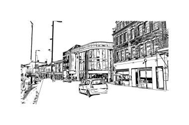 Kingston 'ın simgesi olan Print Building View Kanada' da yer almaktadır. Vektörde elle çizilmiş çizim çizimi.