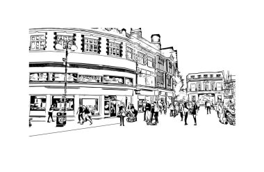 Kingston 'ın simgesi olan Print Building View Kanada' da yer almaktadır. Vektörde elle çizilmiş çizim çizimi.