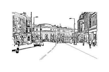 Kingston 'ın simgesi olan Print Building View Kanada' da yer almaktadır. Vektörde elle çizilmiş çizim çizimi.