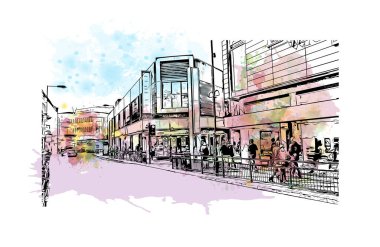 Kingston 'ın simgesi olan Print Building View Kanada' da yer almaktadır. Vektörde elle çizilmiş resim ile suluboya sıçraması.