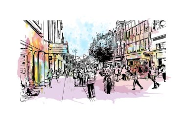 Kingston 'ın simgesi olan Print Building View Kanada' da yer almaktadır. Vektörde elle çizilmiş resim ile suluboya sıçraması.