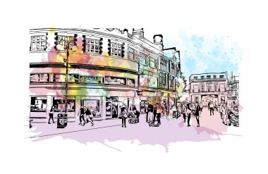 Kingston 'ın simgesi olan Print Building View Kanada' da yer almaktadır. Vektörde elle çizilmiş resim ile suluboya sıçraması.