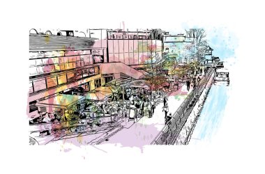 Kingston 'ın simgesi olan Print Building View Kanada' da yer almaktadır. Vektörde elle çizilmiş resim ile suluboya sıçraması.