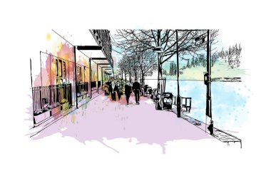 Kingston 'ın simgesi olan Print Building View Kanada' da yer almaktadır. Vektörde elle çizilmiş resim ile suluboya sıçraması.
