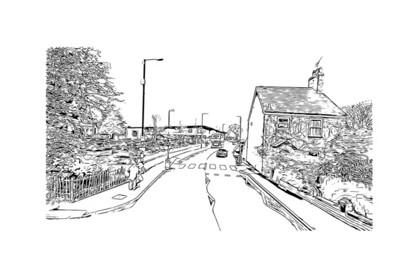 海鸥上带有金斯敦地标的印刷建筑景观是英格兰的一个城市 矢量手绘草图 — 图库矢量图片