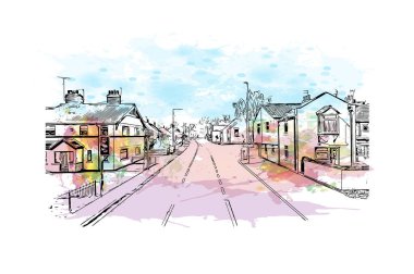 Kingston on Hull 'un simgesi olan Print Building Manzarası İngiltere' de bir şehirdir. Vektörde elle çizilmiş resim ile suluboya sıçraması.