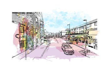 Kingston on Hull 'un simgesi olan Print Building Manzarası İngiltere' de bir şehirdir. Vektörde elle çizilmiş resim ile suluboya sıçraması.