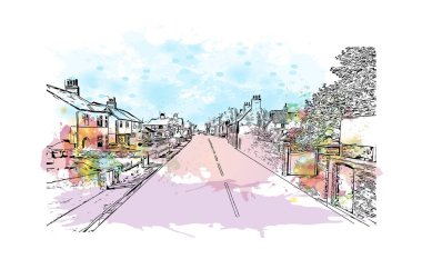 Kingston on Hull 'un simgesi olan Print Building Manzarası İngiltere' de bir şehirdir. Vektörde elle çizilmiş resim ile suluboya sıçraması.