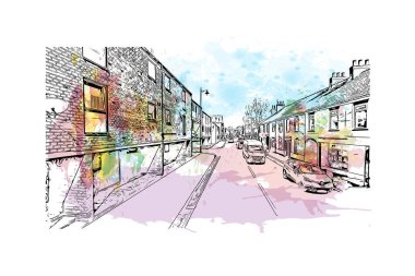 Kingston on Hull 'un simgesi olan Print Building Manzarası İngiltere' de bir şehirdir. Vektörde elle çizilmiş resim ile suluboya sıçraması.