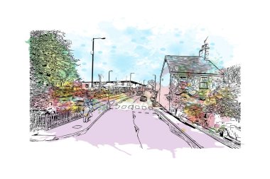 Kingston on Hull 'un simgesi olan Print Building Manzarası İngiltere' de bir şehirdir. Vektörde elle çizilmiş resim ile suluboya sıçraması.