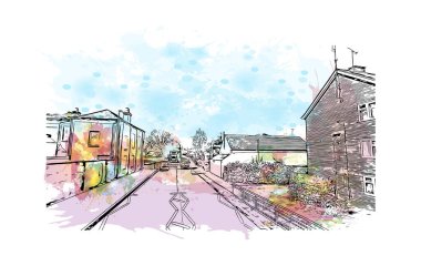 Kingston on Hull 'un simgesi olan Print Building Manzarası İngiltere' de bir şehirdir. Vektörde elle çizilmiş resim ile suluboya sıçraması.