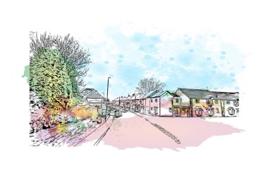 Kingston on Hull 'un simgesi olan Print Building Manzarası İngiltere' de bir şehirdir. Vektörde elle çizilmiş resim ile suluboya sıçraması.