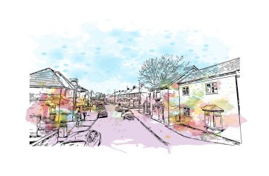 Kingston on Hull 'un simgesi olan Print Building Manzarası İngiltere' de bir şehirdir. Vektörde elle çizilmiş resim ile suluboya sıçraması.