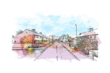 Kingston on Hull 'un simgesi olan Print Building Manzarası İngiltere' de bir şehirdir. Vektörde elle çizilmiş resim ile suluboya sıçraması.