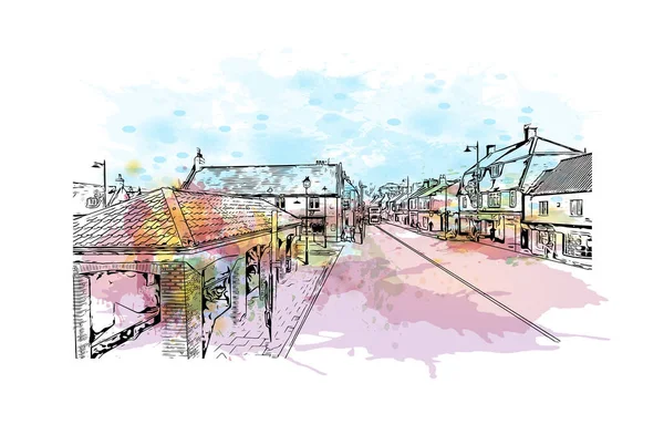 Kingston on Hull 'un simgesi olan Print Building Manzarası İngiltere' de bir şehirdir. Vektörde elle çizilmiş resim ile suluboya sıçraması.