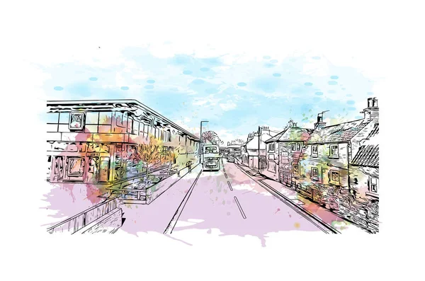 Kingston on Hull 'un simgesi olan Print Building Manzarası İngiltere' de bir şehirdir. Vektörde elle çizilmiş resim ile suluboya sıçraması.