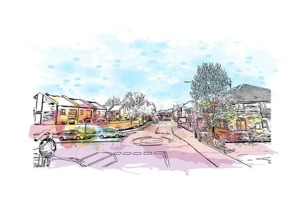 Kingston on Hull 'un simgesi olan Print Building Manzarası İngiltere' de bir şehirdir. Vektörde elle çizilmiş resim ile suluboya sıçraması.