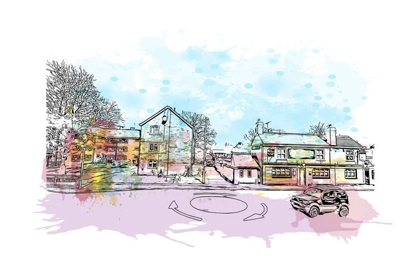 Kingston on Hull 'un simgesi olan Print Building Manzarası İngiltere' de bir şehirdir. Vektörde elle çizilmiş resim ile suluboya sıçraması.