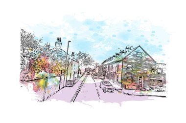 Kingston on Hull 'un simgesi olan Print Building Manzarası İngiltere' de bir şehirdir. Vektörde elle çizilmiş resim ile suluboya sıçraması.