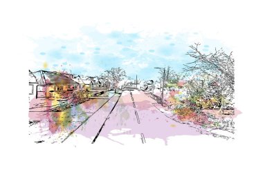 Kingston on Hull 'un simgesi olan Print Building Manzarası İngiltere' de bir şehirdir. Vektörde elle çizilmiş resim ile suluboya sıçraması.