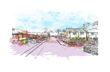 Kingston on Hull 'un simgesi olan Print Building Manzarası İngiltere' de bir şehirdir. Vektörde elle çizilmiş resim ile suluboya sıçraması.