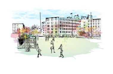 Print Building view with landmark of Kingstown Saint Vincent and the Grenadines 'in başkentidir. Vektörde elle çizilmiş resim ile suluboya sıçraması.