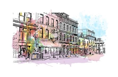 Print Building view with landmark of Kingstown Saint Vincent and the Grenadines 'in başkentidir. Vektörde elle çizilmiş resim ile suluboya sıçraması.