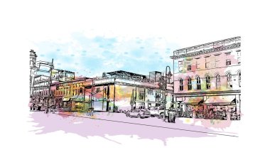 Print Building view with landmark of Kingstown Saint Vincent and the Grenadines 'in başkentidir. Vektörde elle çizilmiş resim ile suluboya sıçraması.