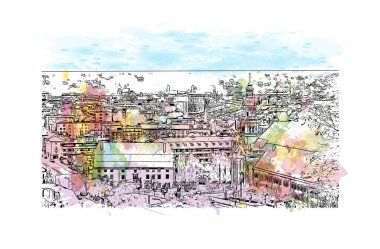 Print Building view with landmark of Kitzbuhel is the town in Austria. Vektörde elle çizilmiş resim ile suluboya sıçraması.