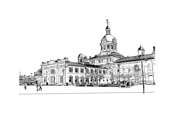 具有金斯敦地标的印刷建筑景观是圣文森特和格林纳丁斯的首都 矢量手绘草图 — 图库矢量图片