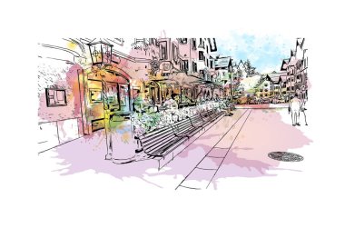 Print Building view with landmark of Kitzbuhel is the town in Austria. Vektörde elle çizilmiş resim ile suluboya sıçraması.