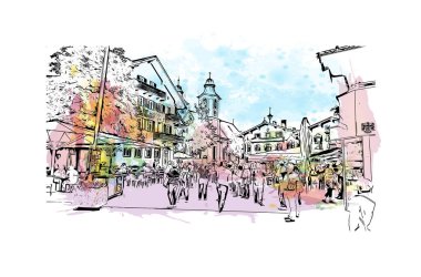 Print Building view with landmark of Kitzbuhel is the town in Austria. Vektörde elle çizilmiş resim ile suluboya sıçraması.