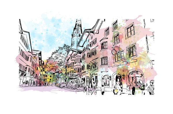 Print Building view with landmark of Kitzbuhel is the town in Austria. Watercolor splash with hand drawn sketch illustration in vector.