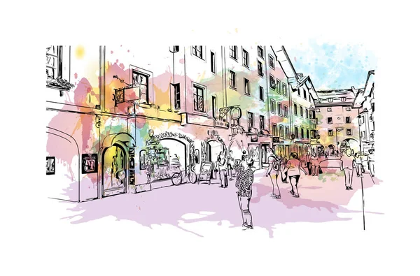 Print Building view with landmark of Kitzbuhel is the town in Austria. Vektörde elle çizilmiş resim ile suluboya sıçraması.