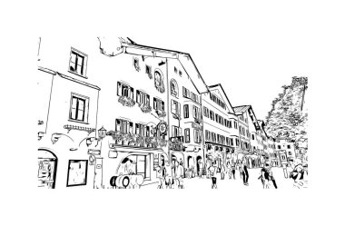 Print Building view with landmark of Kitzbuhel is the town in Austria. Vektörde elle çizilmiş çizim çizimi.