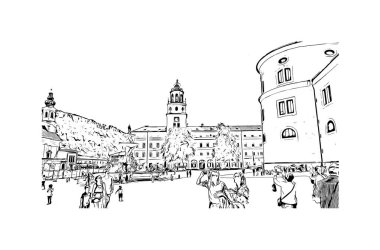 Print Building view with landmark of Kitzbuhel is the town in Austria. Vektörde elle çizilmiş çizim çizimi.