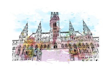 Print Building view with landmark of Kitzbuhel is the town in Austria. Vektörde elle çizilmiş resim ile suluboya sıçraması.