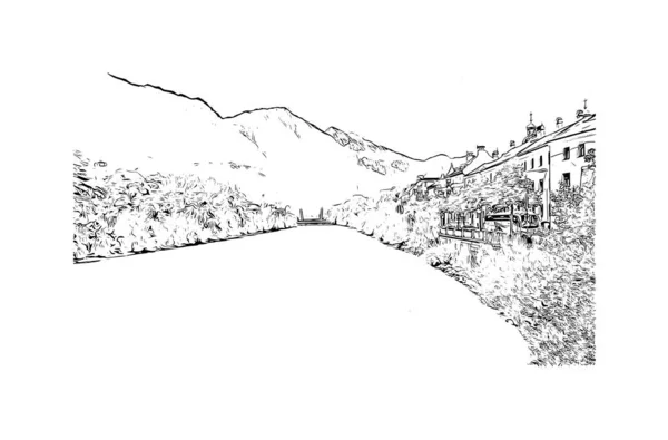 Print Building View Landmark Kitzbuhel Town Austria Vektörde Elle Çizilmiş — Stok Vektör