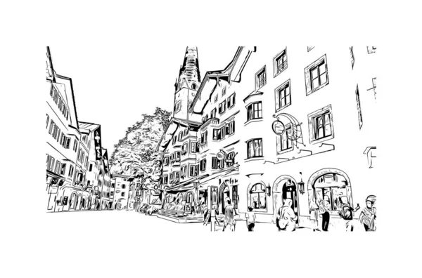 带有基茨布尔地标的印刷厂是奥地利的一个城镇 矢量手绘草图 — 图库矢量图片