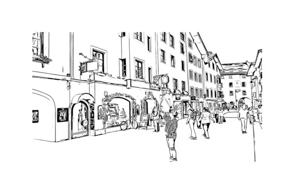 Vytisknout Pohled Budovu Orientačním Bodem Kitzbuhelu Město Rakousku Ručně Kreslená — Stockový vektor