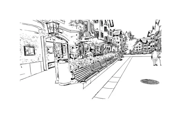 印刷キッツブヘルのランドマークとビルの景色はオーストリアの町です 手描きのスケッチ図ベクトル — ストックベクタ